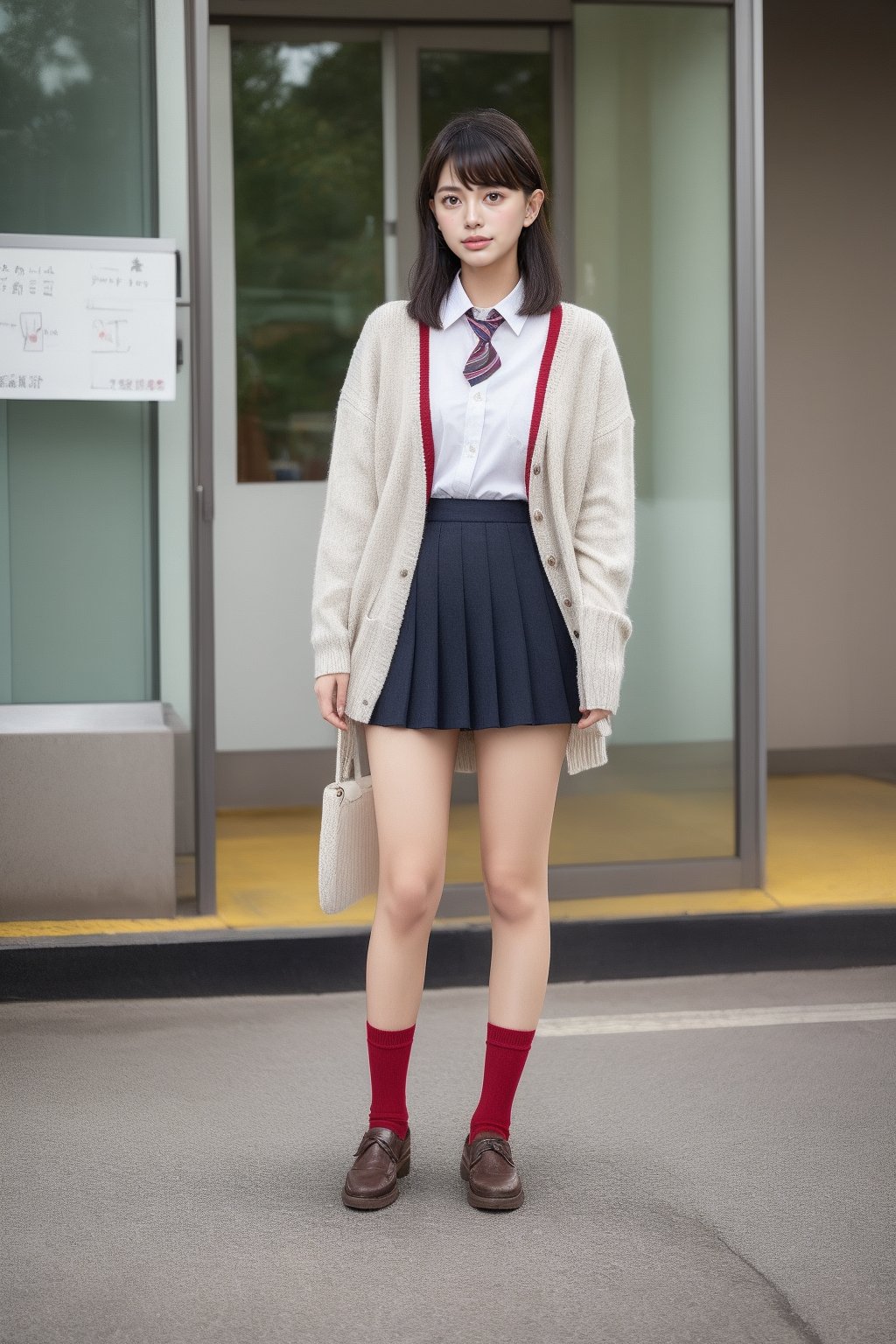 1girl,black-hair,(blunt_bangs),18 years old,school_uniform,knit cardigan,gray skirt,red tie,loose socks,