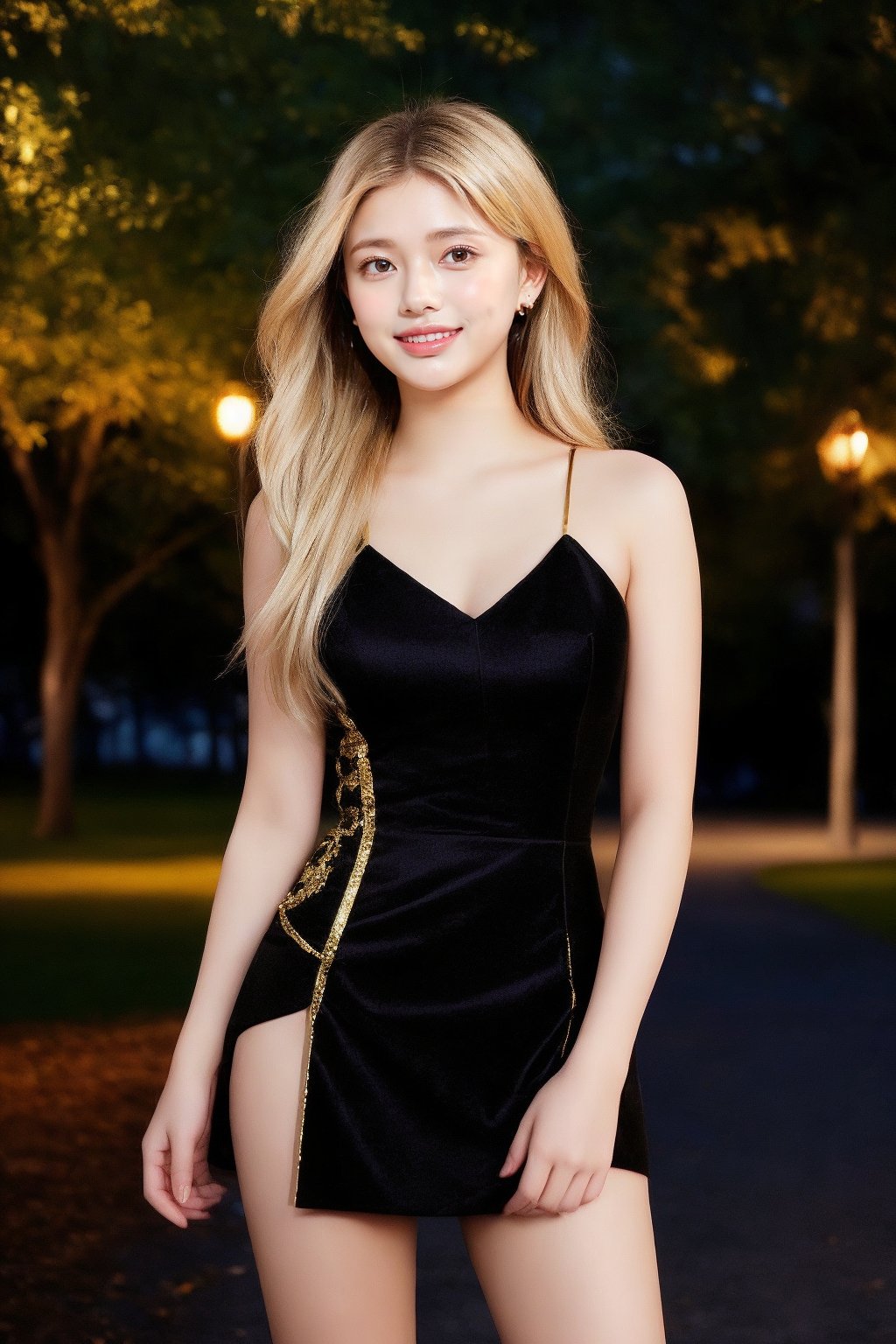 1girl, beautiful young woman, smiling, blonde, upper body, (in black dress with gold inserts), night, park, realistic