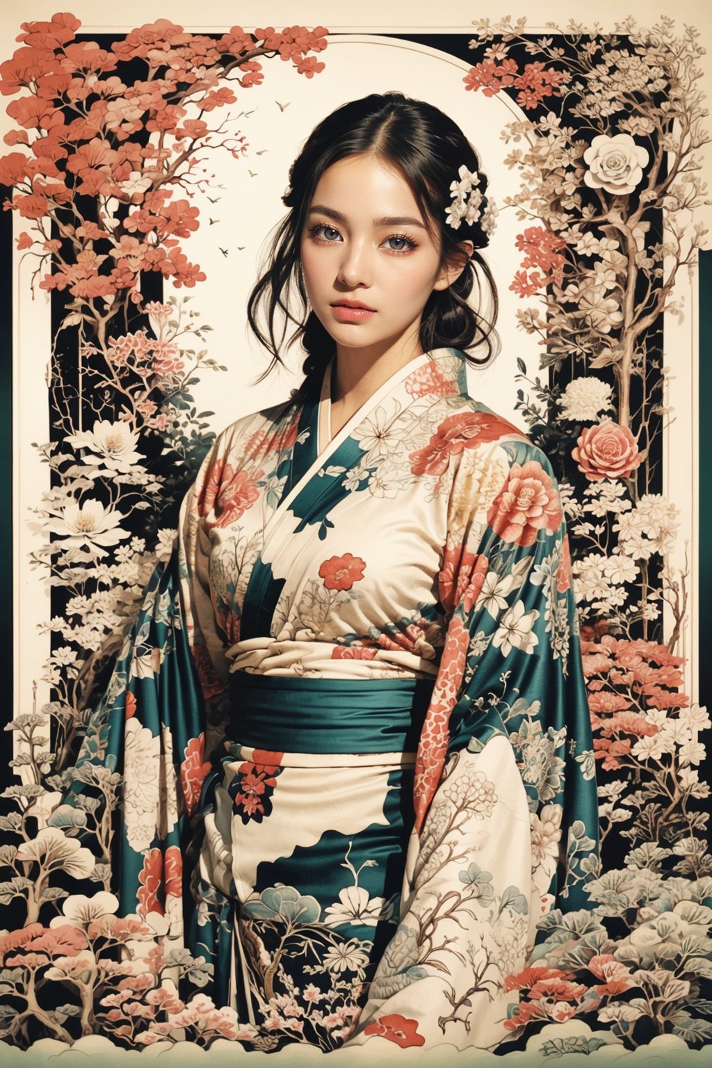 Masterpieces, Best Quality, Official Art, Aesthetics, 1girl, Asian girl, kimono, detailed background, isometric, art nouveau, flower, rose, fractal art, realhands, AI_Misaki, (zentangle, mandala, tangle, tangle), (psychedelic, flower, tapestry, Ethereal), holy light, gold leaf, gold leaf art, glitter painting, black,