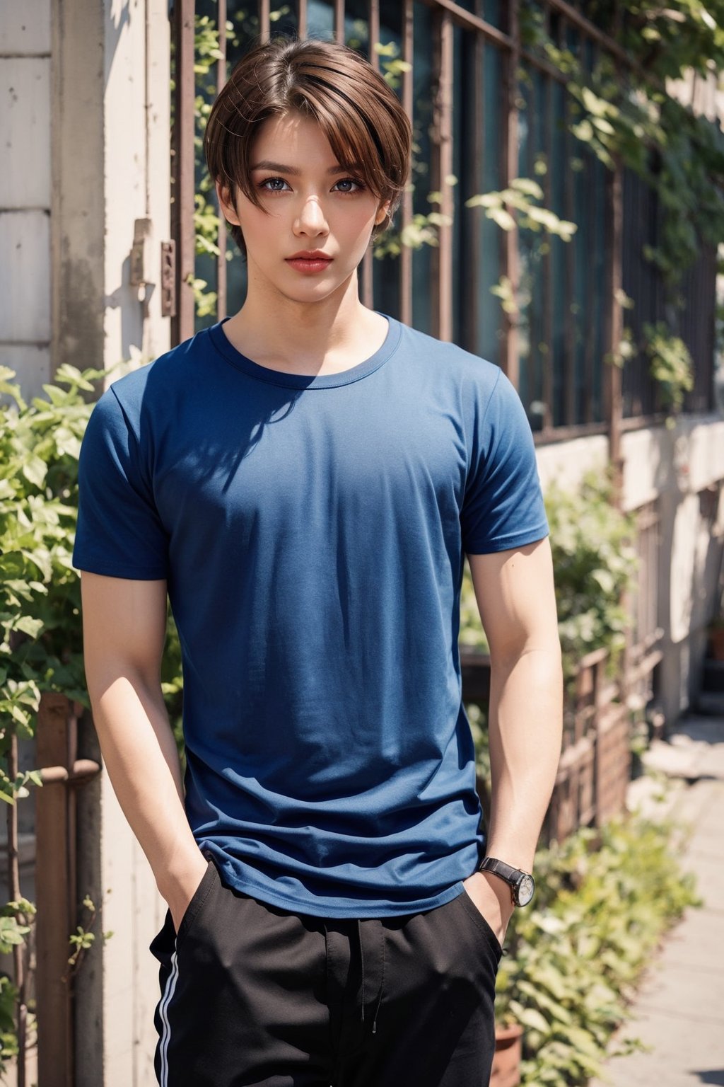 solo, looking at audience, short curly hair, brown hair, shirt, 1boy, short sleeves, male focus, pants, shadow, beard, black pants, blue shirt, t-shirt, beard, watch, reality, hands in pockets, stubble ,watch, chest hair, arm hair