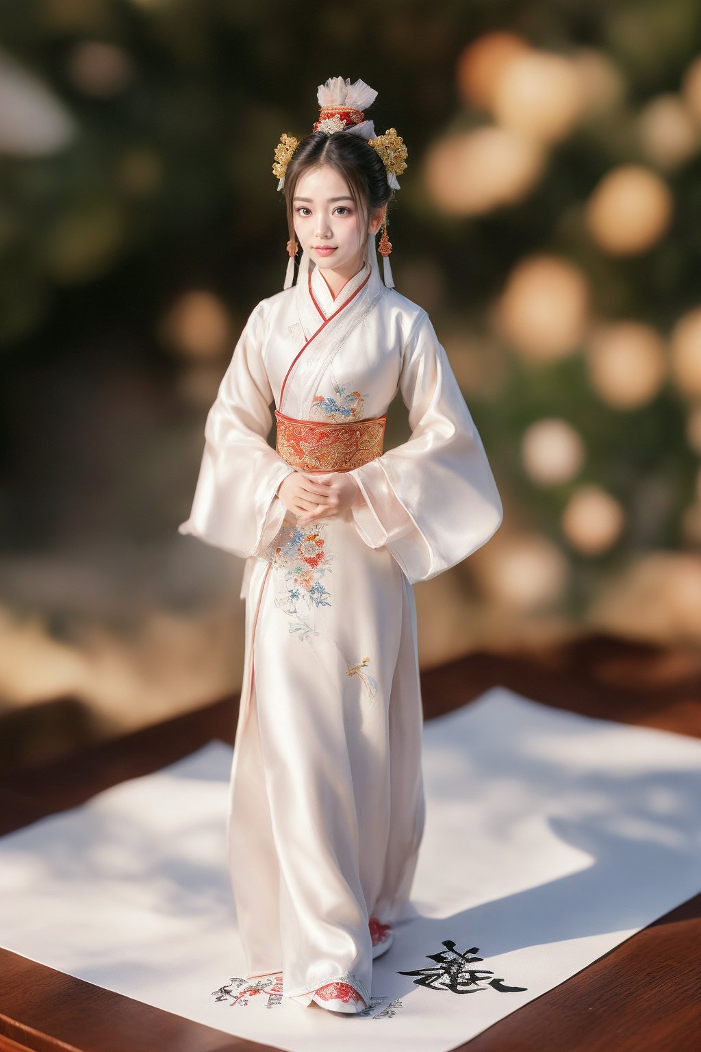 A miniature figure of an ancient Chinese Ancient style beauty wearing traditional Hanfu , walking on a white paper covered in minimalist calligraphy. Calligraphy is written around him, and the background adopts a Japanese writing style. The high angle perspective and perspective composition create a strong sense of three dimensionality. The sunlight shines in from above, casting warm shadows on it. The cool tones and soft lighting create a peaceful atmosphere. This scene was shot in close-up with a macro lens to highlight details. 