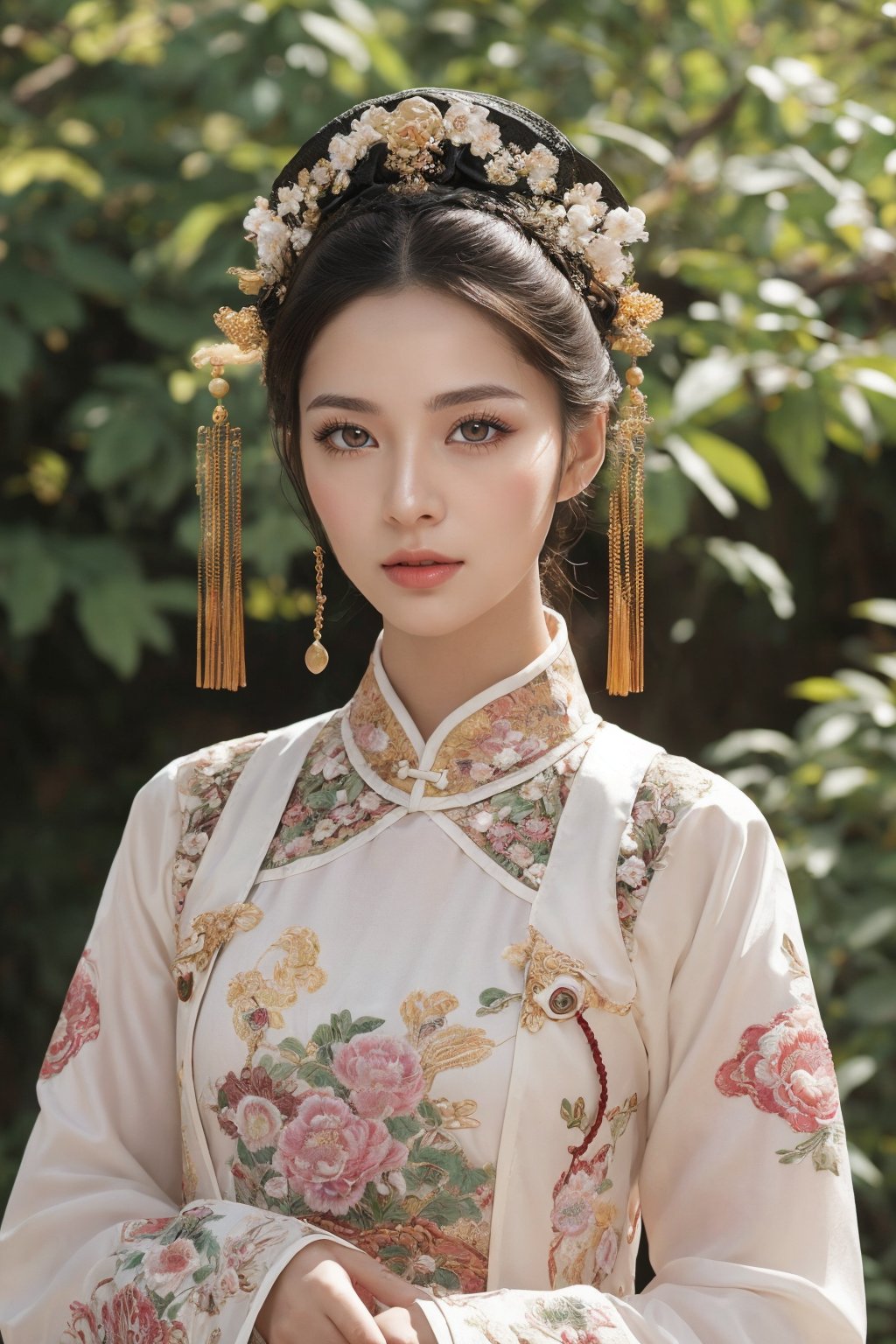 This is a photo showing a woman wearing traditional Chinese clothing, reflecting a historical or period style. The subject of the photo is the woman, wearing a bright, richly decorated and intricately embroidered dress. On her head is a special black hat decorated with a large pink flower and a golden butterfly. The background is composed of lush green foliage, suggesting a natural outdoor scene. The focus of the composition is the calm and dignified facial expression of the woman as she gently holds the leaf. This image exudes the essence of cultural richness, elegance and history.32k,