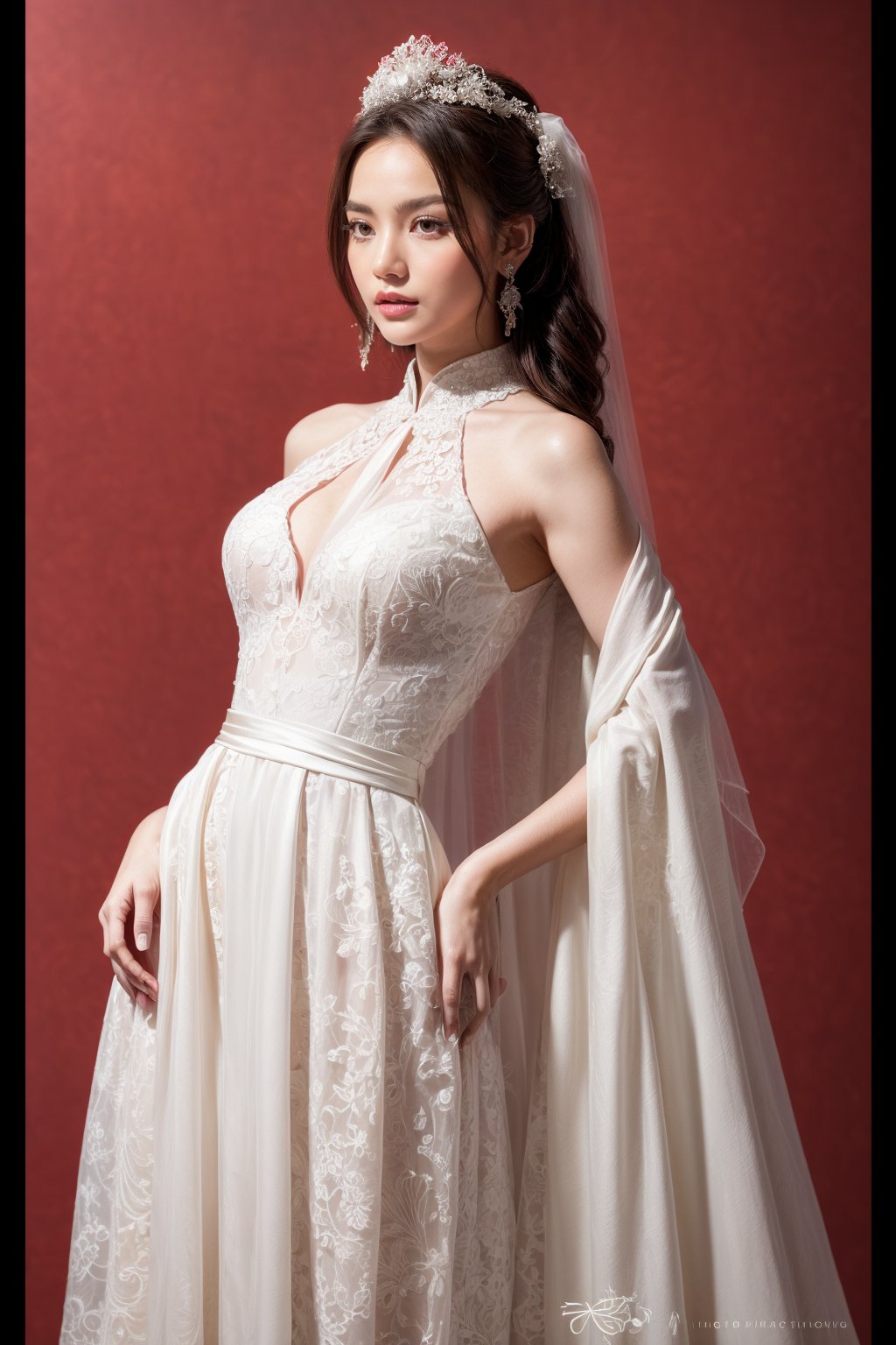 A charming portrait of a stunning bride: girl with wavy hair, body proportions 1:3. Her red silk Chinese style dragon and phoenix bridal gown glowed against a clear, vibrant background. The bride's elegant and intricate bridal hairstyle draws attention to her toned legs and alluring physique as she stands confidently in the camera.