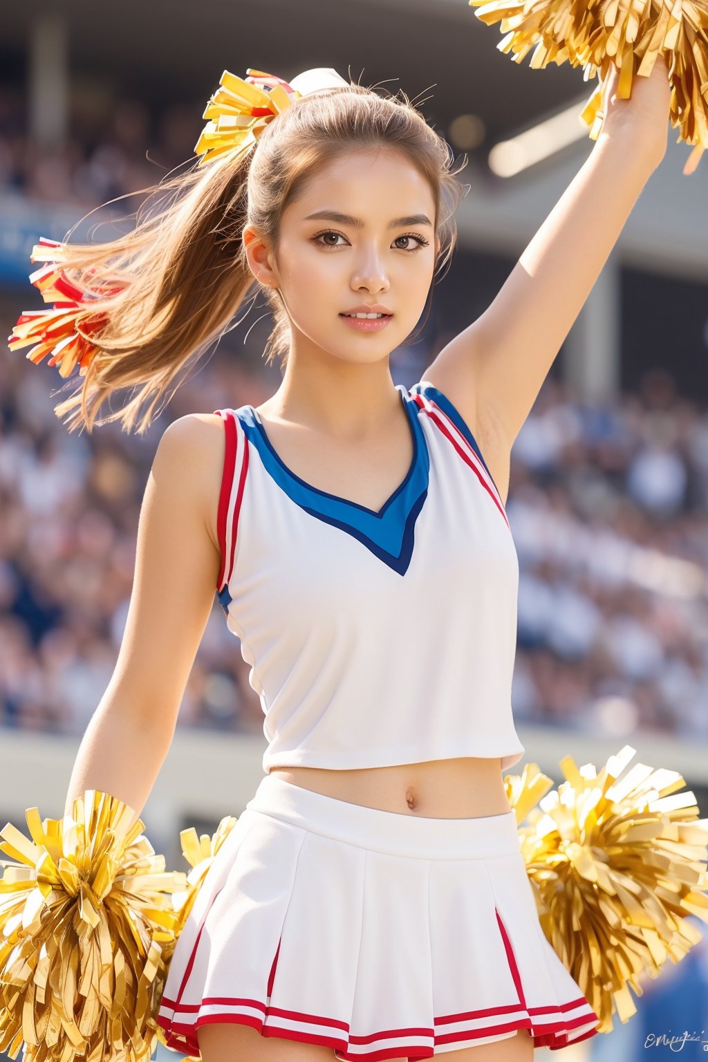 Maximalism, masterpiece, top quality, 8k, high resolution, super detailed, absurd, vivid contrast, insanely detailed,
BREAK
1girl, (Beautiful face, brightly colored shining eyes, clear skin, smile, shiny hair: 1.2),
BREAK
(cheerleader:1.4),
BREAK
baseball stadium,girl,watercolor,milokk