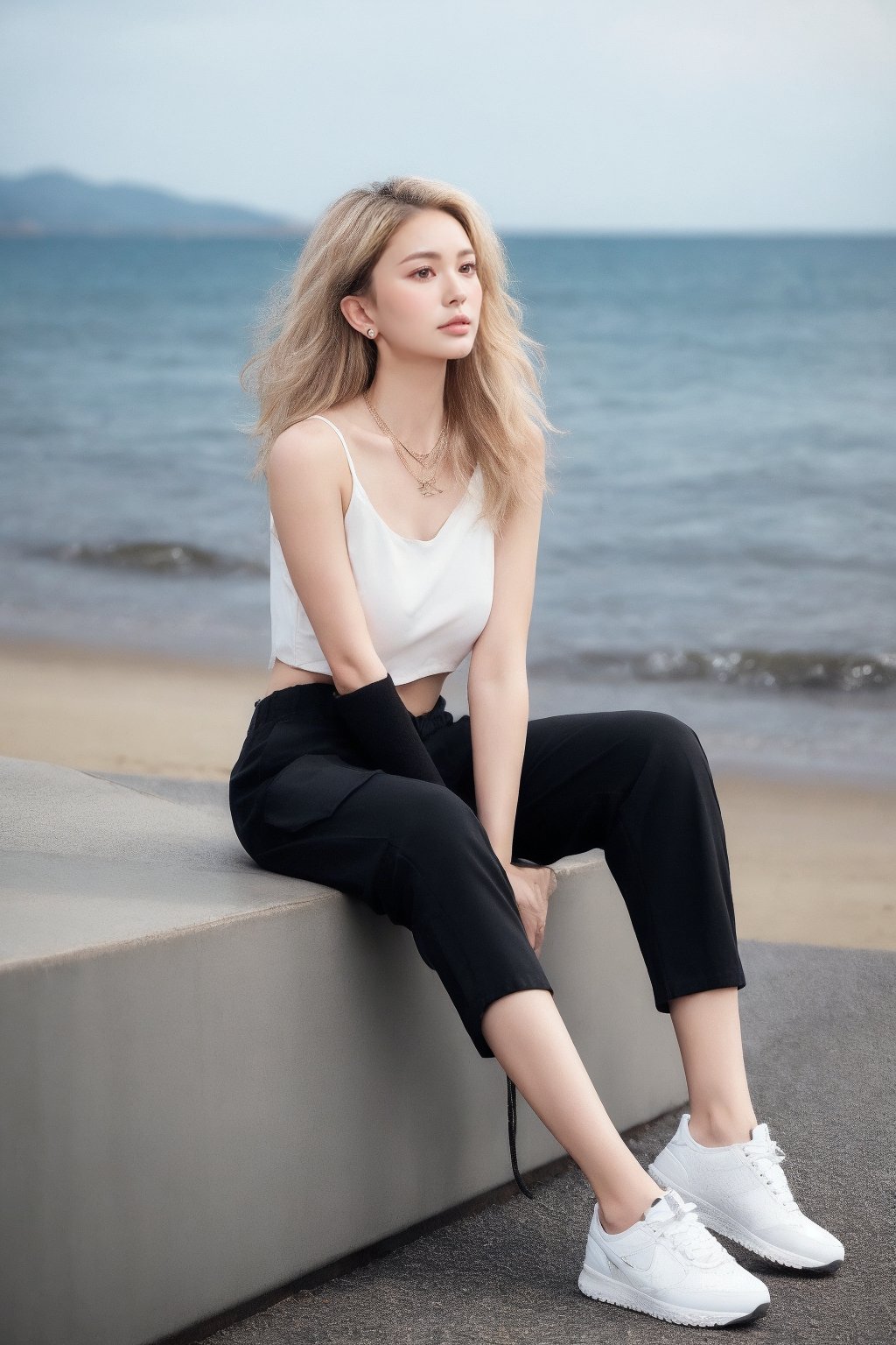 French girl,grey blonde hair(very long hair, curly_hair),hiphop dancer,wearing all black clothes (loose fit top and wide cargo pants),sneakers,headphone, sitting at sea bank,horizon,seaside,accessories(necklace,ear_rings),Best Quality, 32k, photorealistic, ultra-detailed, finely detailed, high resolution, perfect dynamic composition, beautiful detailed eyes, sharp-focus, cowboy_shot,