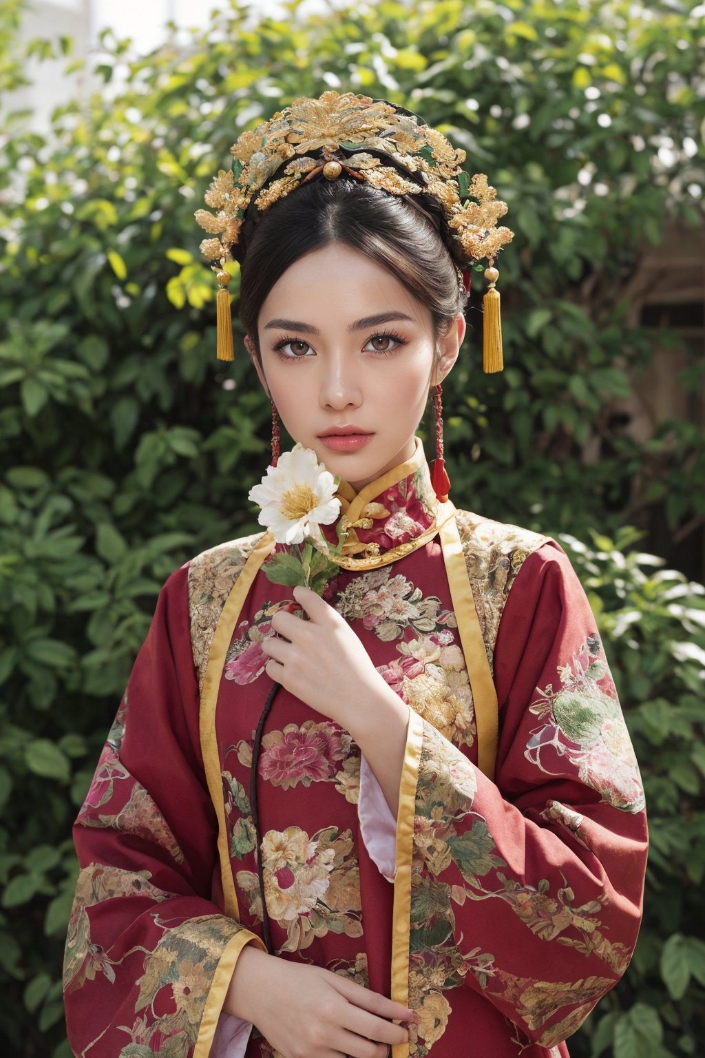 This is a photo showing a woman wearing traditional Chinese clothing, reflecting a historical or period style. The subject of the photo is the woman, wearing a bright, richly decorated and intricately embroidered dress. On her head is a special black hat decorated with a large pink flower and a golden butterfly. The background is composed of lush green foliage, suggesting a natural outdoor scene. The focus of the composition is the calm and dignified facial expression of the woman as she gently holds the leaf. This image exudes the essence of cultural richness, elegance and history.32k,