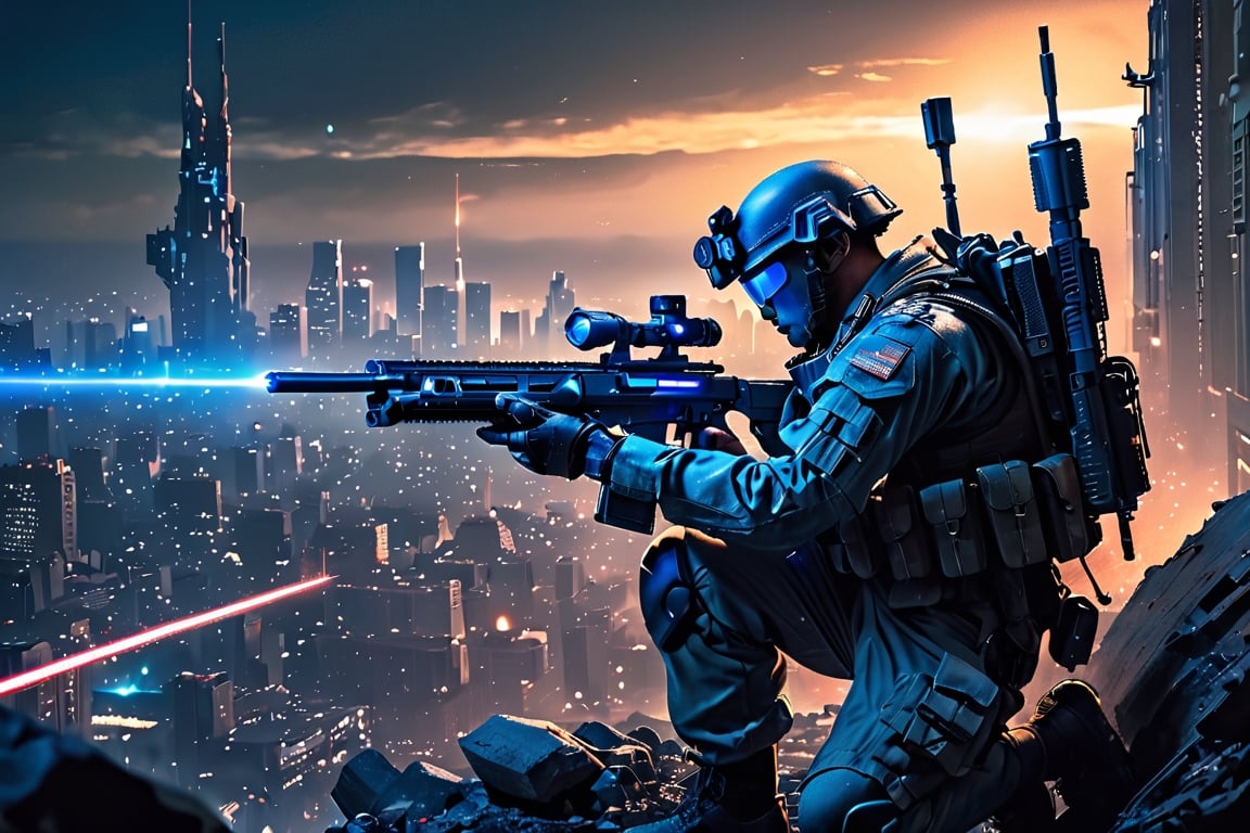  The soldier is crouched in a tactical position, their eyes narrowed in focus on a distant target. In their hand, they hold a high-tech laser rifle, its barrel glowing with an intense blue light. As they prepare to fire, a concentrated beam of laser energy erupts from the weapon, piercing the night sky and illuminating the cityscape 

Soldier: modern feel,man, stud,combat uniform 
Cityscape: Depict a war-torn environment. Imagine crumbling buildings, shattered streets, and smoke rising from distant fires. Bathe the scene in moonlight with a stark contrast to the soldier's laser fire.
Laser Beam: Make the laser beam a vibrant blue color, contrasting sharply with the dark surroundings.
Style: Cyberpunk