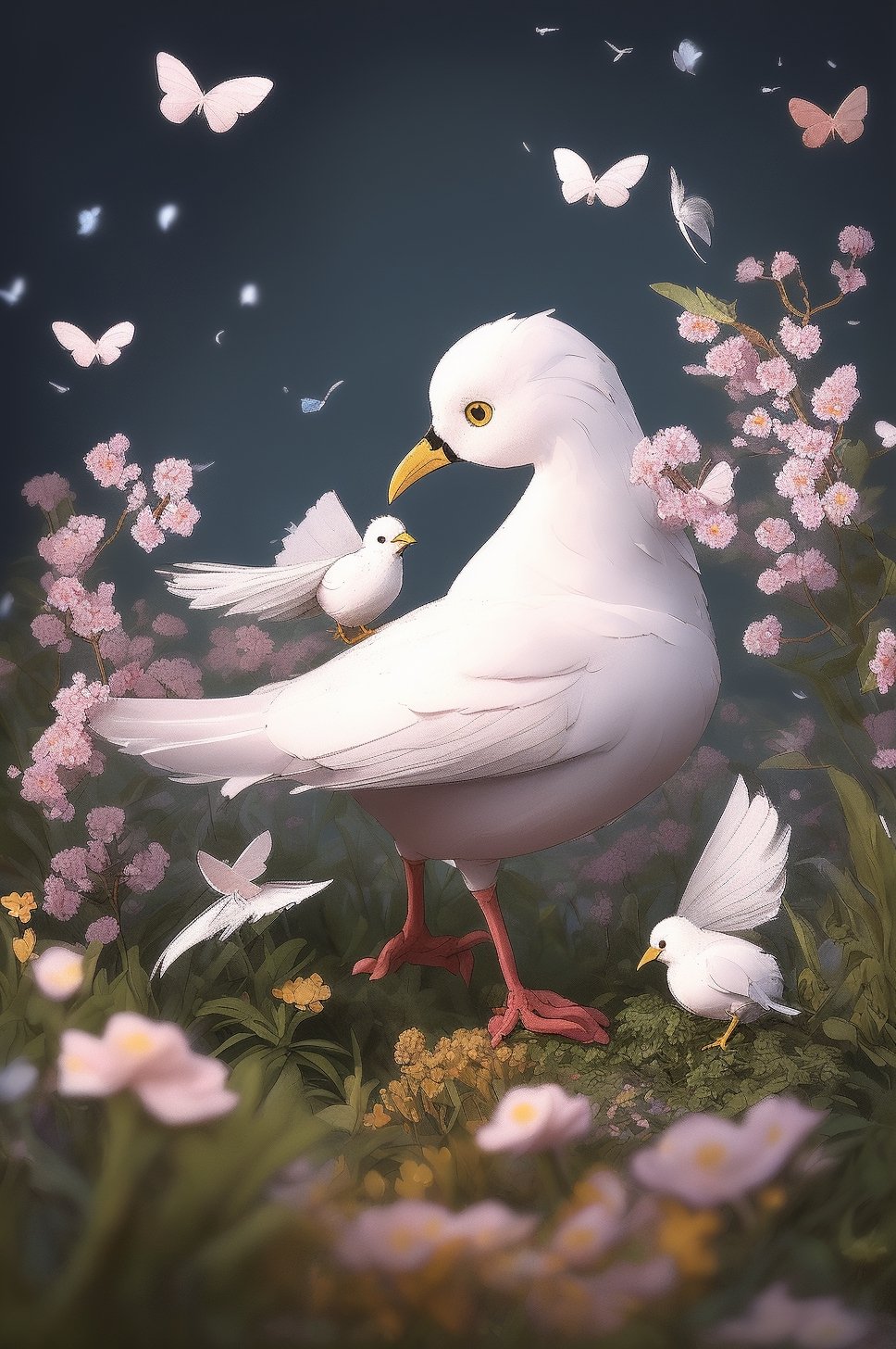 A 2.5D stylized illustration of a snowy white bird with intricate feather details flying amidst a vibrant garden filled with fantastical blooming flowers of various shapes and colors, surrounded by swarms of iridescent butterflies, giving an ethereal and dream-like atmosphere, with a soft warm lighting and slightly blurred background.