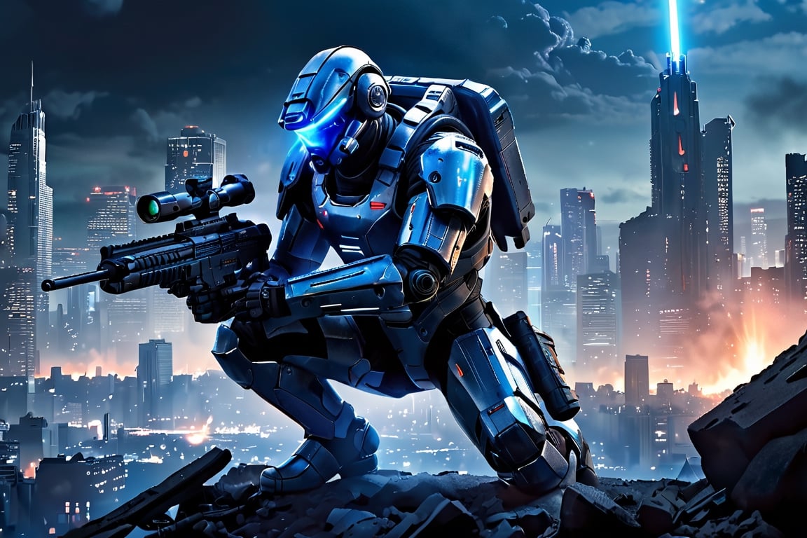 A photorealistic image of a futuristic soldier clad in a sleek, metallic exosuit, amidst a war-torn cityscape. The soldier is crouched in a tactical position, their eyes narrowed in focus on a distant target. In their hand, they hold a high-tech laser rifle, its barrel glowing with an intense blue light. As they prepare to fire, a concentrated beam of laser energy erupts from the weapon, piercing the night sky and illuminating the cityscape in an eerie blue glow.

Additional details:

Soldier: modern feel,man, stud,combat uniform 
Cityscape: Depict a war-torn environment. Imagine crumbling buildings, shattered streets, and smoke rising from distant fires. Bathe the scene in moonlight with a stark contrast to the soldier's laser fire.
Laser Beam: Make the laser beam a vibrant blue color, contrasting sharply with the dark surroundings.
Style: Cyberpunk