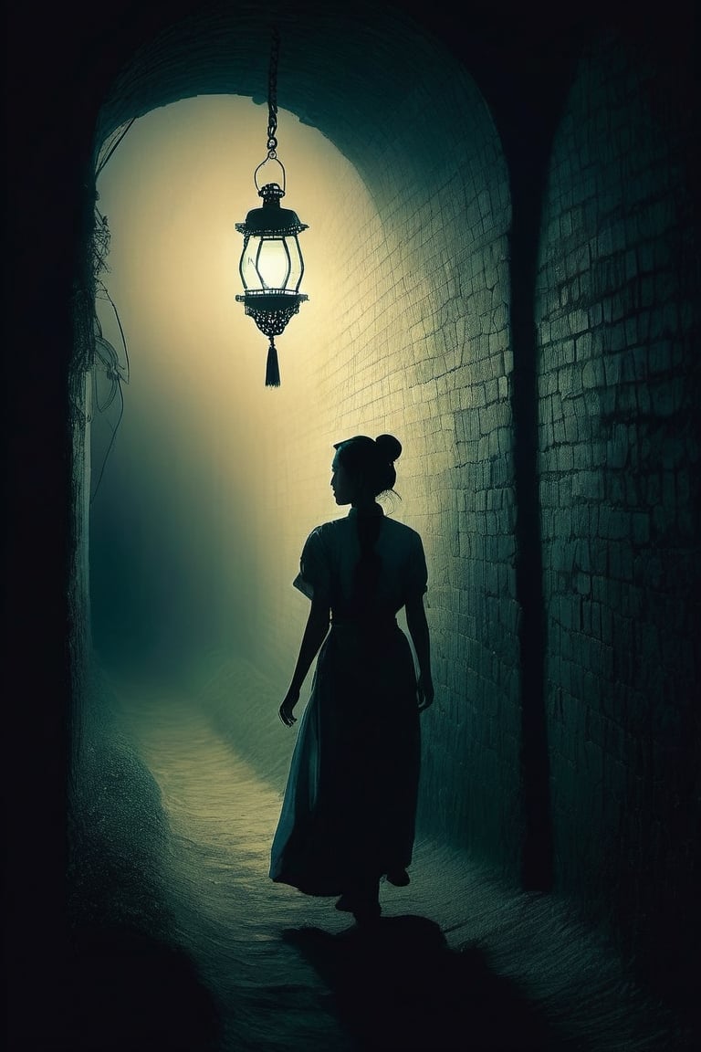 A woman with a determined expression on her face walks through a dimly lit, winding maze. She holds a lantern in her hand, which casts long shadows on the walls. The air is thick with fog, and the only sounds are the woman's footsteps and the occasional drip of water.

An Asian woman, Dimly lit maze, Stone slabs on the ground,Mysterious,Woman centered in the frame,DonMn1ghtm4reXL