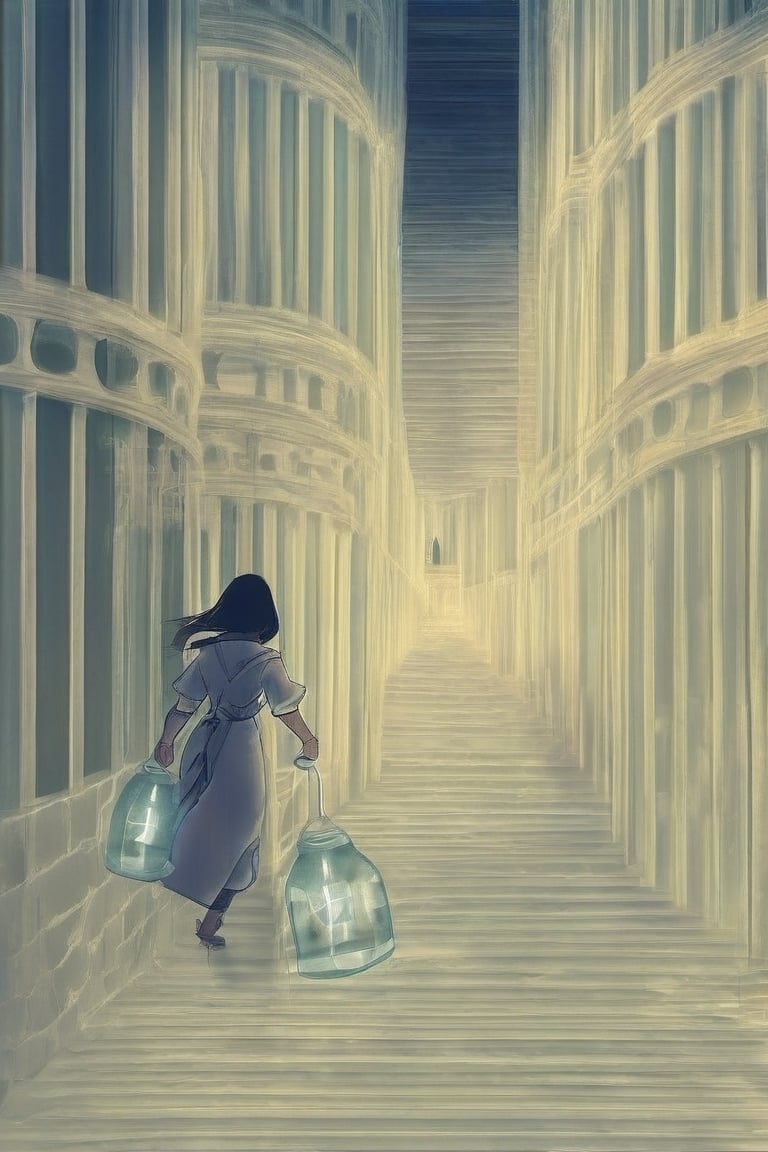 A woman with a determined expression on her face walks through a dimly lit, winding maze. She holds a lantern in her hand, which casts long shadows on the walls. The air is thick with fog, and the only sounds are the woman's footsteps and the occasional drip of water.

An Asian woman, Dimly lit maze, Stone slabs on the ground,Mysterious,Woman centered in the frame,DonMn1ghtm4reXL,holography