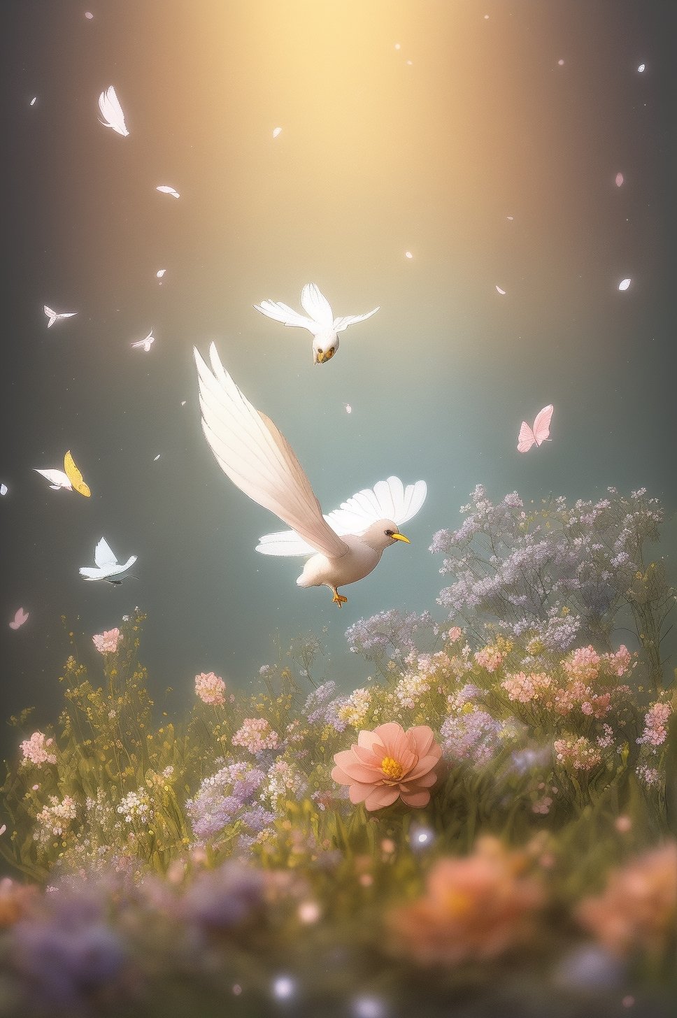 A 2.5D stylized illustration of a snowy white bird with intricate feather details flying amidst a vibrant garden filled with fantastical blooming flowers of various shapes and colors, surrounded by swarms of iridescent butterflies, giving an ethereal and dream-like atmosphere, with a soft warm lighting and slightly blurred background.