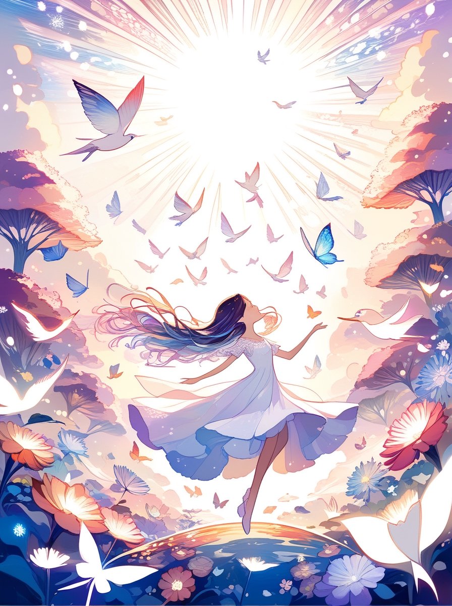 A 2.5D stylized illustration of a snowy white bird with intricate feather details flying amidst a vibrant garden filled with fantastical blooming flowers of various shapes and colors, surrounded by swarms of iridescent butterflies, giving an ethereal and dream-like atmosphere, with a soft warm lighting and slightly blurred background.