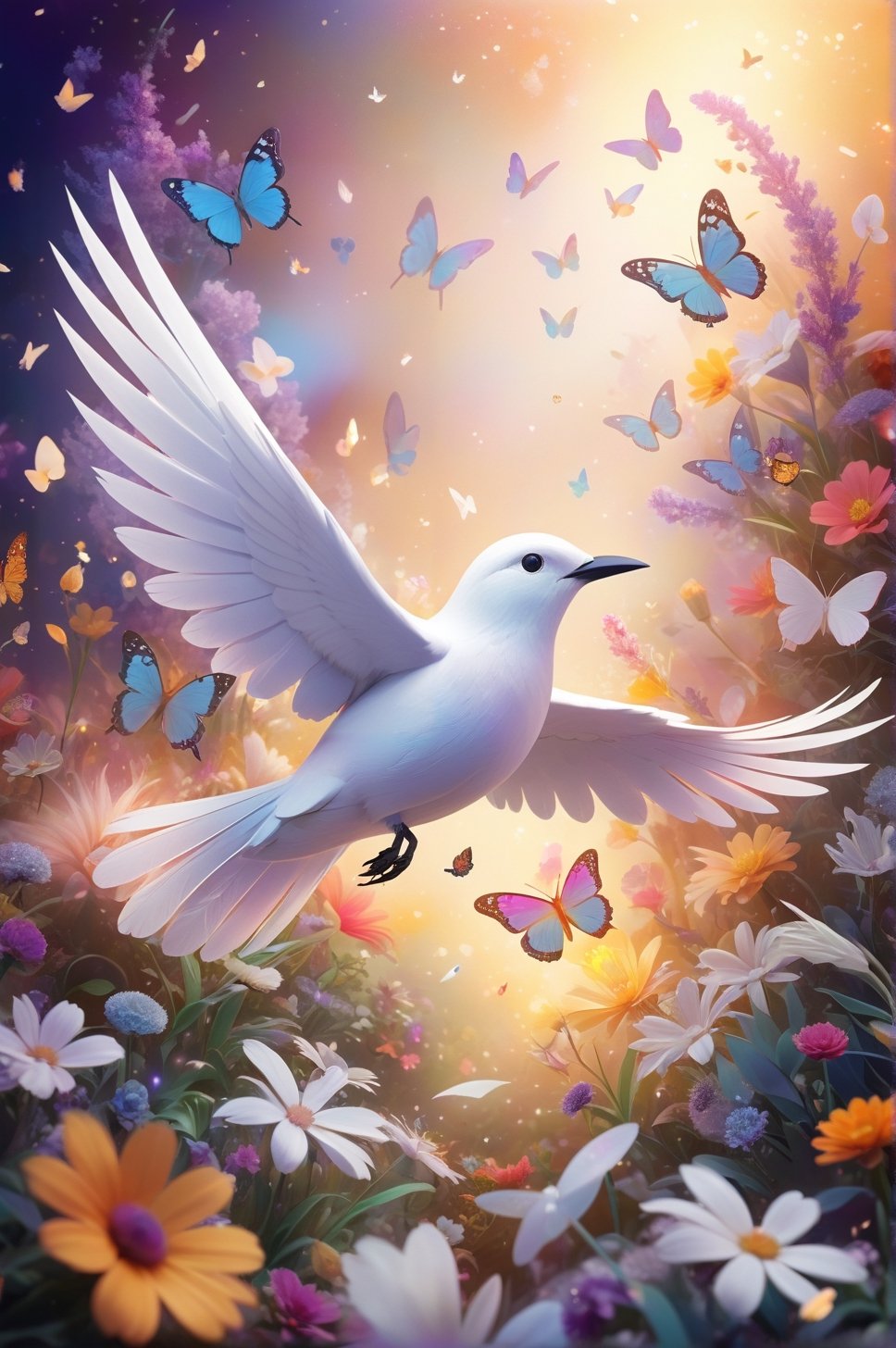 A 2.5D stylized illustration of a snowy white bird with intricate feather details flying amidst a vibrant garden filled with fantastical blooming flowers of various shapes and colors, surrounded by swarms of iridescent butterflies, giving an ethereal and dream-like atmosphere, with a soft warm lighting and slightly blurred background.