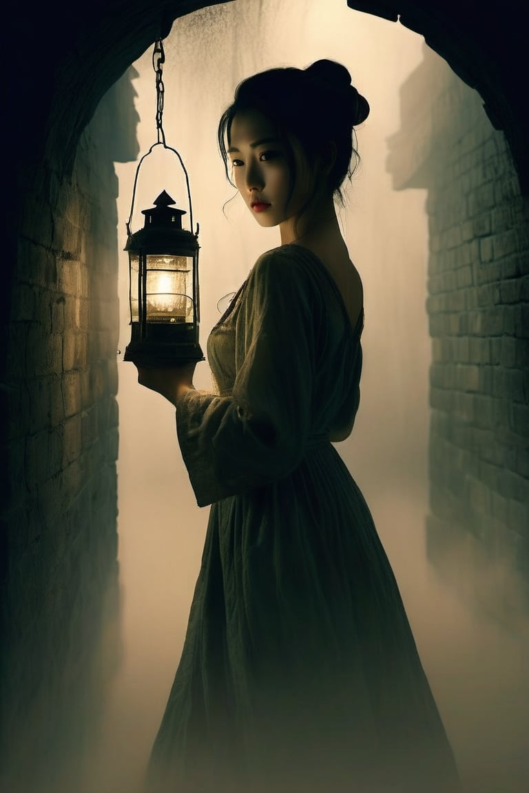 A woman with a determined expression on her face walks through a dimly lit, winding maze. She holds a lantern in her hand, which casts long shadows on the walls. The air is thick with fog, and the only sounds are the woman's footsteps and the occasional drip of water.

An Asian woman, Dimly lit maze, Stone slabs on the ground,Mysterious,Woman centered in the frame,DonMn1ghtm4reXL