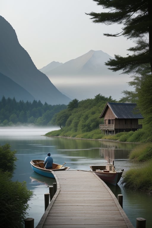 A serene mountain river scene: a rustic wooden pavilion stands sentinel on a weathered stone path, while a lone fisherman casts his line from a sturdy wooden boat bobbing gently on the crystal clear water's surface. The surrounding mountains rise majestically in the background, their peaks shrouded in misty veil.