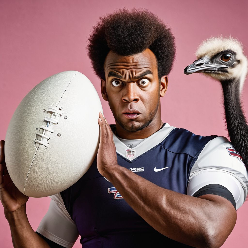 An American football Player holds a big egg, An ostrich stares in horror from the side of the picture.