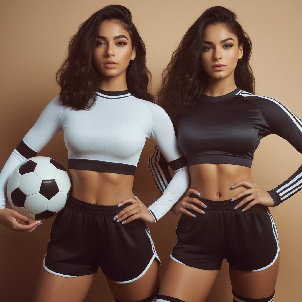 A detailed photo of two athletic 20 years old women in football dress. they are twins. Perfect hands, perfect finger nails.