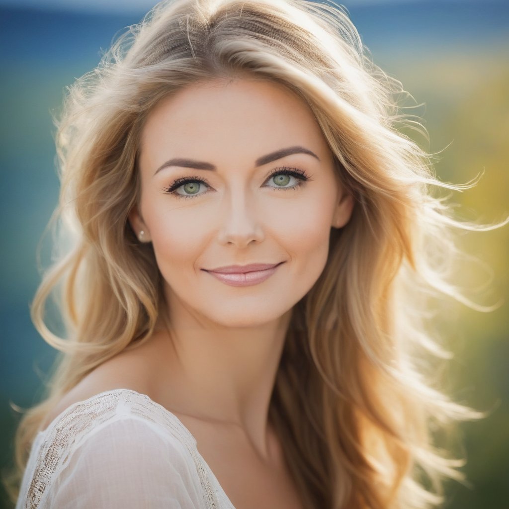 A highly detailed, realistic portrait of a youthful 32-year-old Central European woman with long, flowing blonde hair. Her hair is being tousled by a gentle breeze, with a few strands falling playfully across her face. She has strikingly bright blue eyes that radiate vitality and a fresh, clear complexion with a slight natural glow. The lighting reflects a soft summer evening, casting a warm, golden glow over her features. The background is blurred with a beautiful bokeh effect, hinting at a serene, natural setting. The portrait captures the gentle, peaceful mood of a summer evening, emphasizing her youthful beauty and vibrant demeanor.
