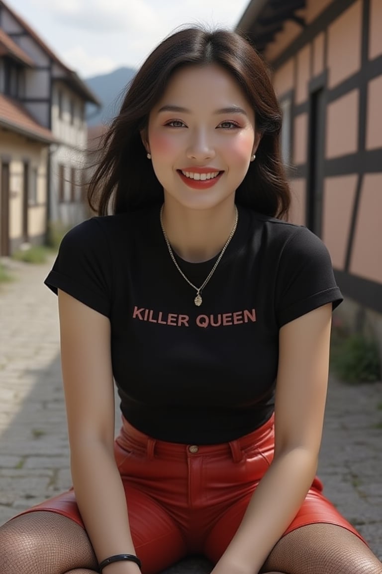 Go Min-Si, korean actress, wearing black tight t-shirt, "KILLER QUEEN" is printed on the chest, short red leather pants, black fishnet tights, lace-up boots, broad smile on her red lips, she looks like a selfconfident woman, midday mood, urbrural backdrop, fachwerk houses, Germany,