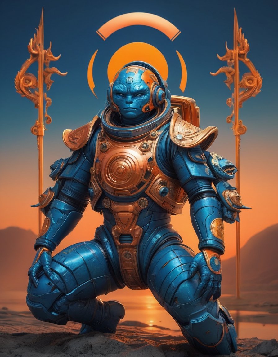 a beautiful rendition of astronaut,insanely detailed and intricate,copper  ratio,hypermaximalist,matte,cinematic,James  froud,ross tran,,LuxTechAI ,,monster ,TransformersStyle 
Budha lotus pose barong goodness good  icon  samurai blue marine orange sun set temple 

