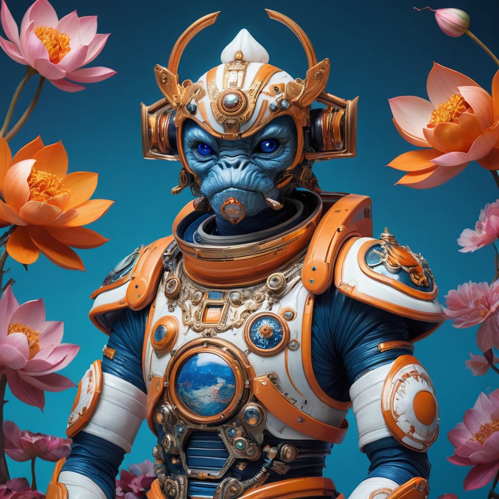 a beautiful rendition of astronaut,insanely detailed and intricate,Ásia traditional ratio,hypermaximalist,matte,cinematic,James  froud,ross tran,,LuxTechAI ,,monster ,TransformersStyle 
Budha lotus pose barong goodness good  icon  samurai peony  Sakura
Garuda humongous  blue marine orange colours