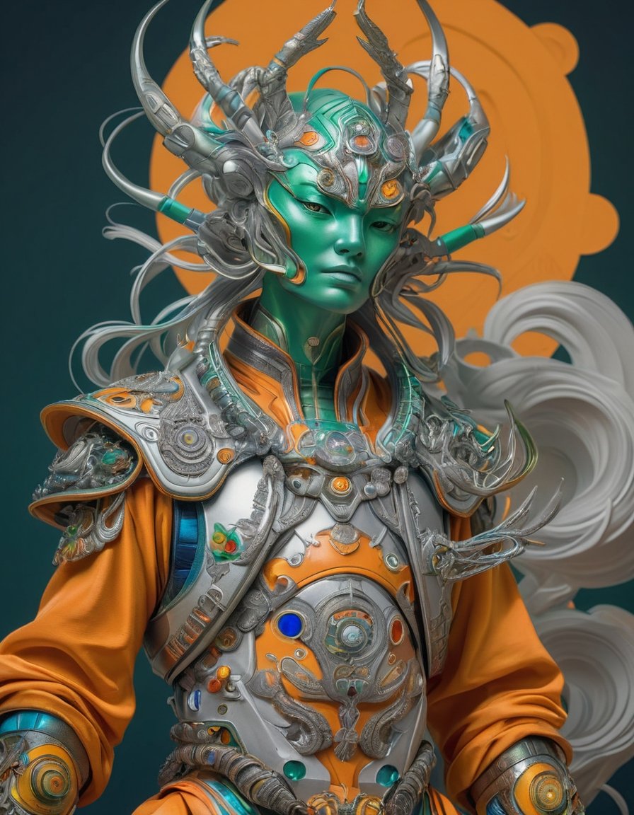 a beautiful rendition of astronaut,insanely detailed and intricate]silver   ratio,hypermaximalist,matte,cinematic,James  froud,ross tran,,LuxTechAI ,,monster ,TransformersStyle 
Budha lotus pose barong goodness good  icon  samurai green orange and
 blue marine yellow 