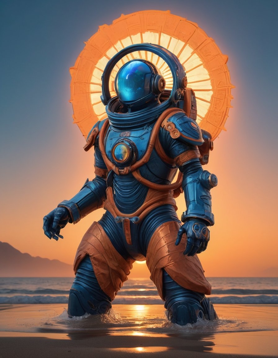 a beautiful rendition of astronaut,insanely detailed and intricate,copper  ratio,hypermaximalist,matte,cinematic,James  froud,ross tran,,LuxTechAI ,,monster ,TransformersStyle 
Budha lotus pose barong goodness good  icon  samurai blue marine orange sun set temple 

