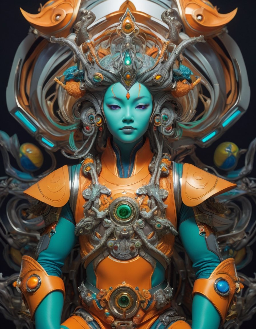 a beautiful rendition of astronaut,insanely detailed and intricate]silver   ratio,hypermaximalist,matte,cinematic,James  froud,ross tran,,LuxTechAI ,,monster ,TransformersStyle 
Budha lotus pose barong goodness good  icon  samurai green orange and
 blue marine yellow 