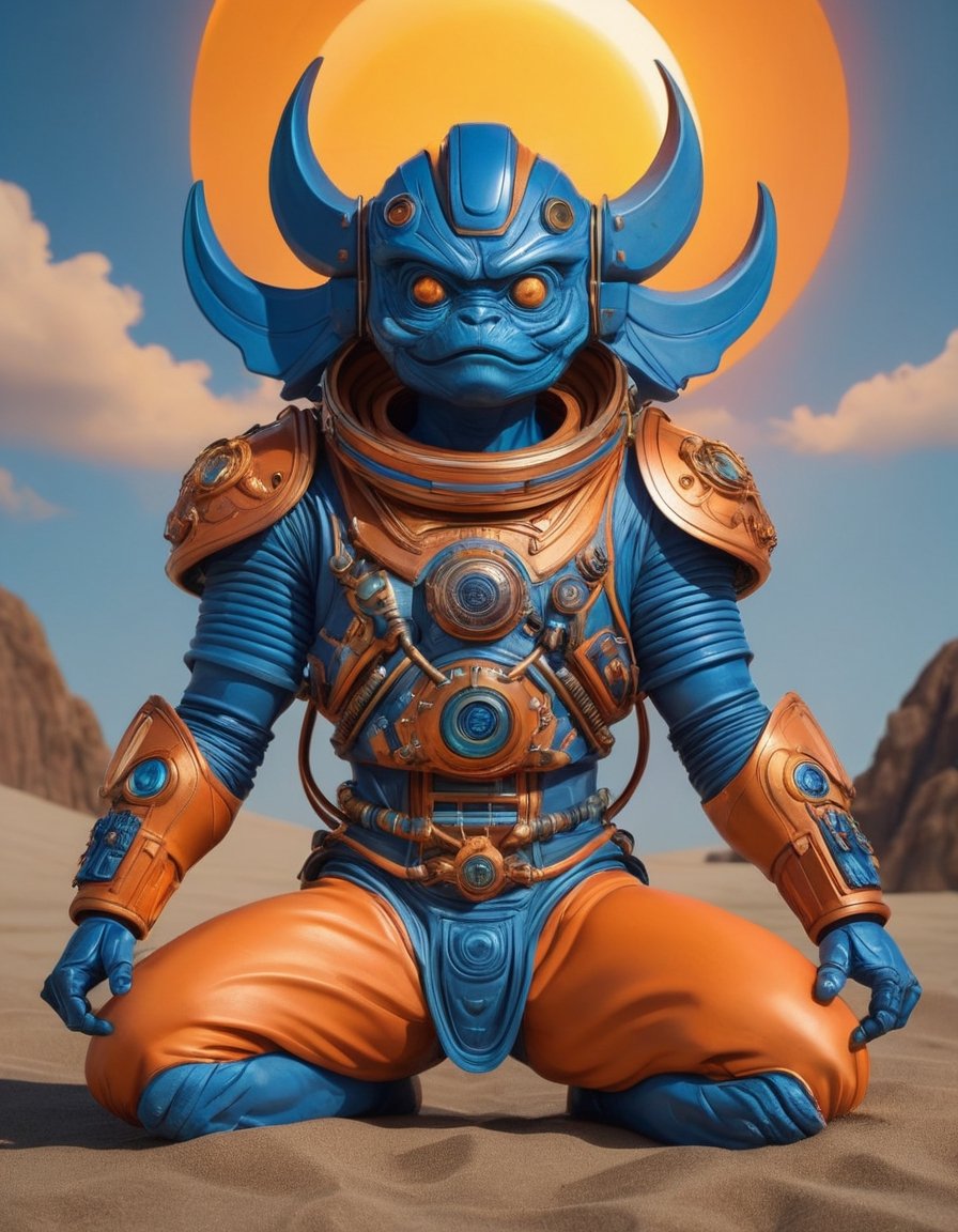 a beautiful rendition of astronaut,insanely detailed and intricate,copper  ratio,hypermaximalist,matte,cinematic,James  froud,ross tran,,LuxTechAI ,,monster ,TransformersStyle 
Budha lotus pose barong goodness good  icon  samurai blue marine orange sun set temple 

