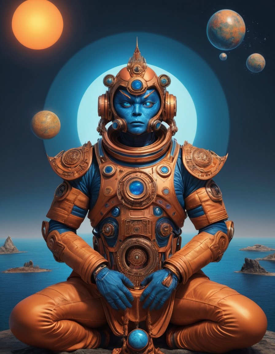 a beautiful rendition of astronaut,insanely detailed and intricate,copper  ratio,hypermaximalist,matte,cinematic,James  froud,ross tran,,LuxTechAI ,,monster ,TransformersStyle 
Budha lotus pose barong goodness good  icon  samurai blue marine orange sun set temple 

