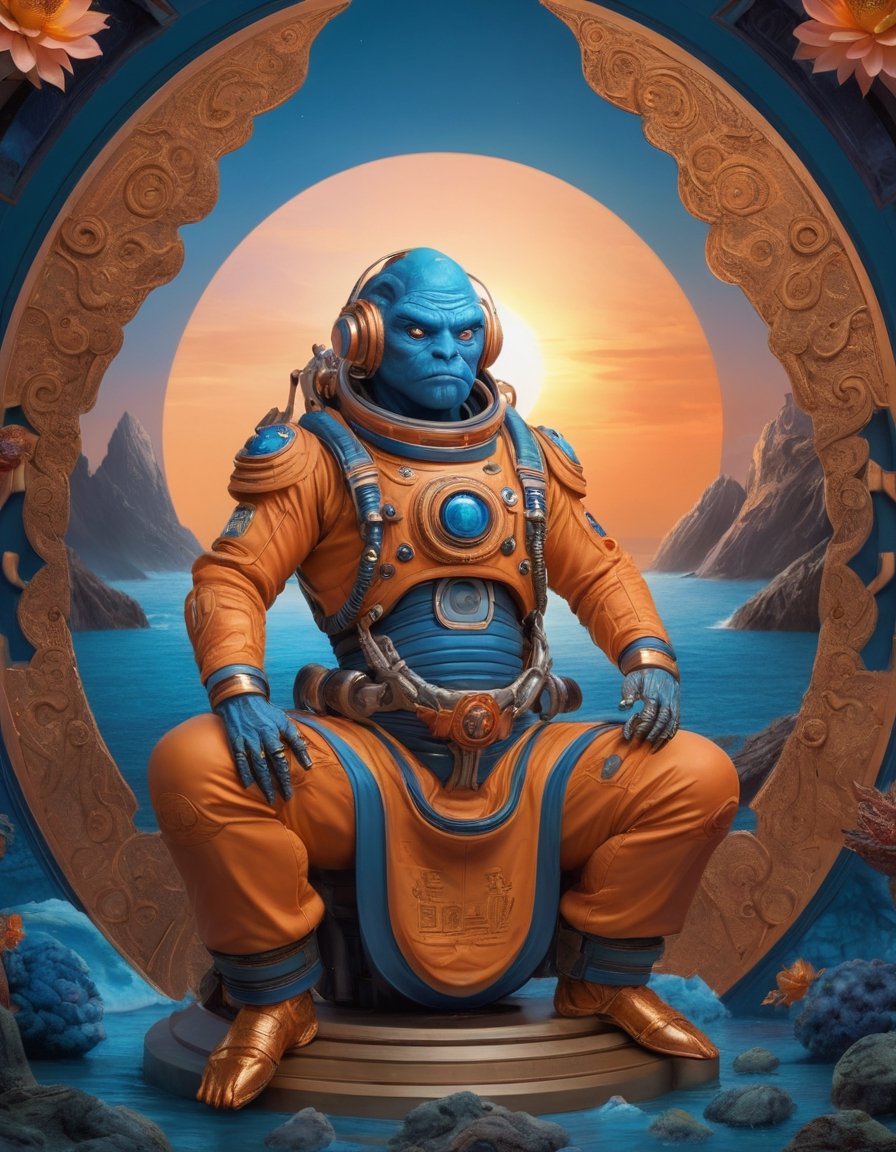 a beautiful rendition of astronaut,insanely detailed and intricate,copper  ratio,hypermaximalist,matte,cinematic,James  froud,ross tran,,LuxTechAI ,,monster ,TransformersStyle 
Budha lotus pose barong goodness good  icon  samurai blue marine orange sun set temple 

