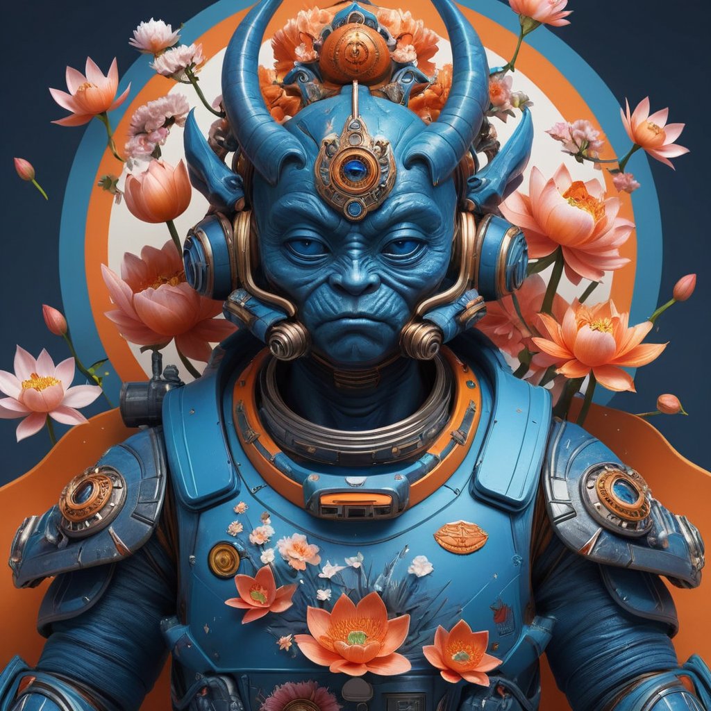 a beautiful rendition of astronaut,insanely detailed and intricate,Ásia traditional ratio,hypermaximalist,matte,cinematic,James  froud,ross tran,,LuxTechAI ,,monster ,TransformersStyle 
Budha lotus pose barong goodness good  icon  samurai peony  Sakura
Garuda humongous  blue marine orange colours