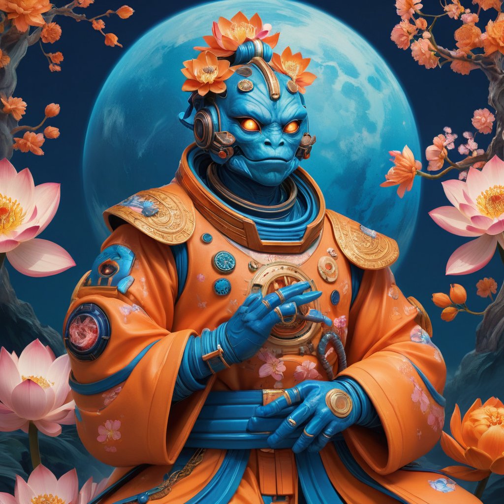 a beautiful rendition of astronaut,insanely detailed and intricate,Ásia traditional ratio,hypermaximalist,matte,cinematic,James  froud,ross tran,,LuxTechAI ,,monster ,TransformersStyle 
Budha lotus pose barong goodness good  icon  samurai peony  Sakura
Garuda humongous  blue marine orange colours