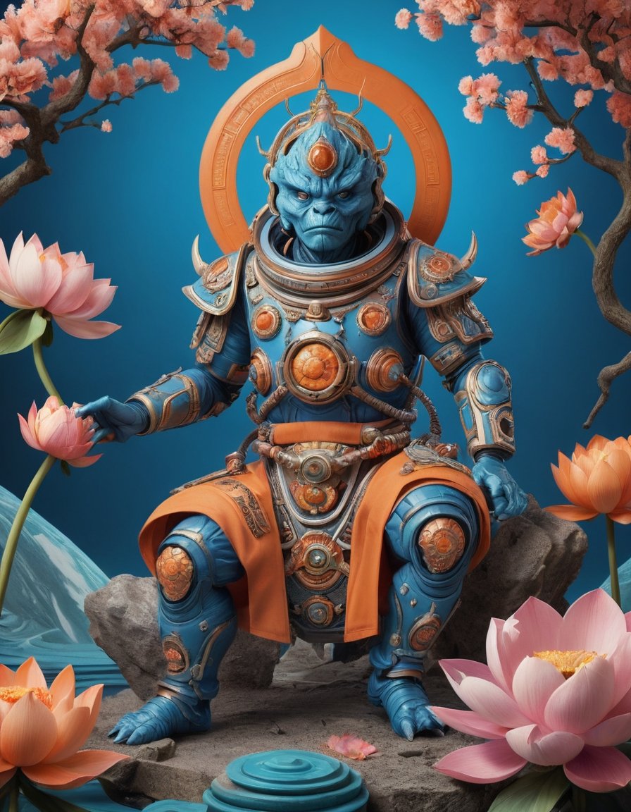 a beautiful rendition of astronaut,insanely detailed and intricate,Ásia traditional ratio,hypermaximalist,matte,cinematic,James  froud,ross tran,,LuxTechAI ,,monster ,TransformersStyle 
Budha lotus pose barong goodness good  icon  samurai peony  Sakura
Garuda humongous  blue marine orange colours 
