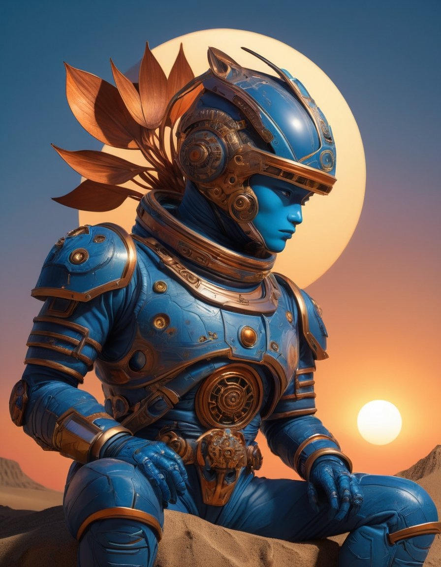 a beautiful rendition of astronaut,insanely detailed and intricate,copper  ratio,hypermaximalist,matte,cinematic,James  froud,ross tran,,LuxTechAI ,,monster ,TransformersStyle 
Budha lotus pose barong goodness good  icon  samurai blue marine orange sun set temple 

