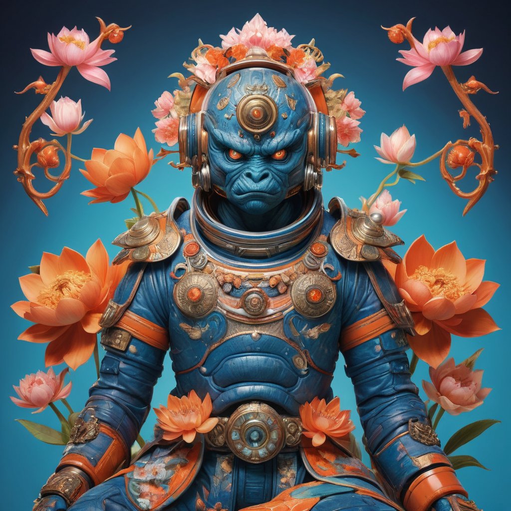 a beautiful rendition of astronaut,insanely detailed and intricate,Ásia traditional ratio,hypermaximalist,matte,cinematic,James  froud,ross tran,,LuxTechAI ,,monster ,TransformersStyle 
Budha lotus pose barong goodness good  icon  samurai peony  Sakura
Garuda humongous  blue marine orange colours