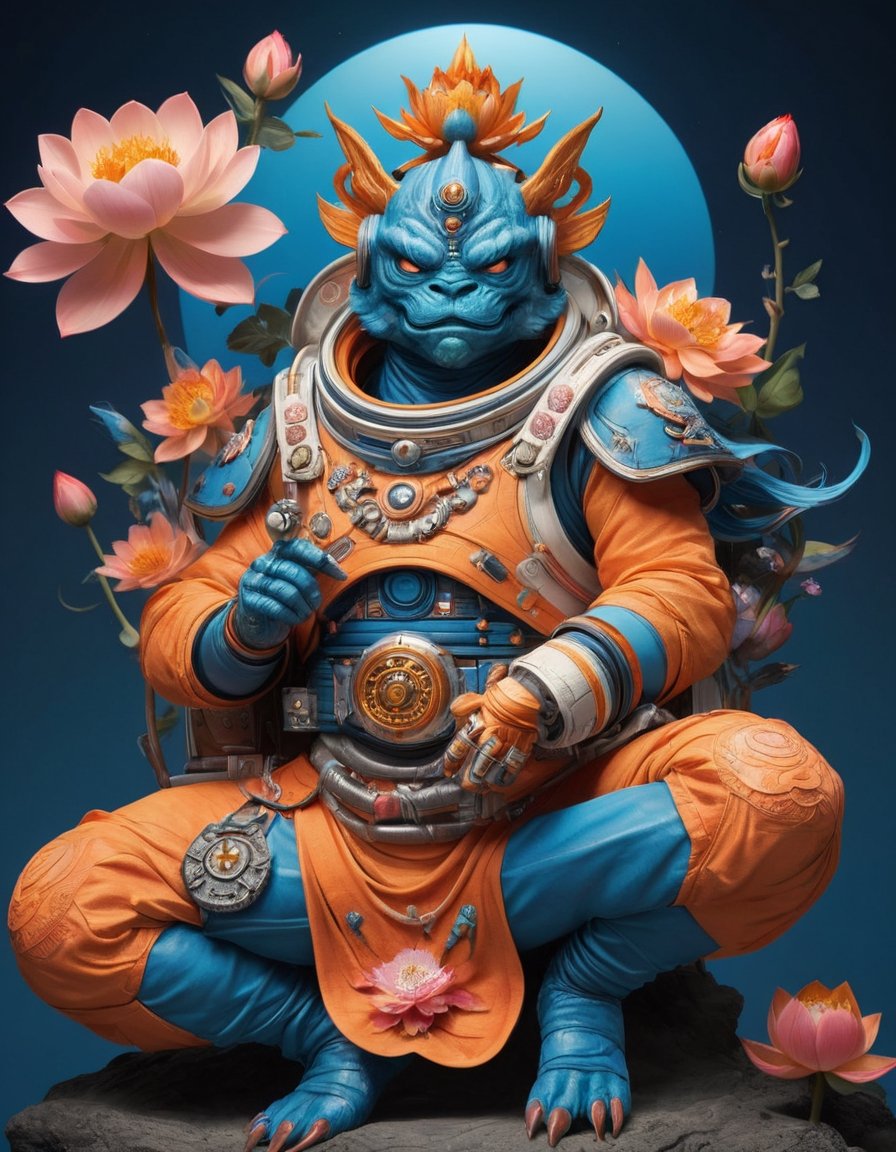 a beautiful rendition of astronaut,insanely detailed and intricate,Ásia traditional ratio,hypermaximalist,matte,cinematic,James  froud,ross tran,,LuxTechAI ,,monster ,TransformersStyle 
Budha lotus pose barong goodness good  icon  samurai peony  Sakura
Garuda humongous  blue marine orange colours