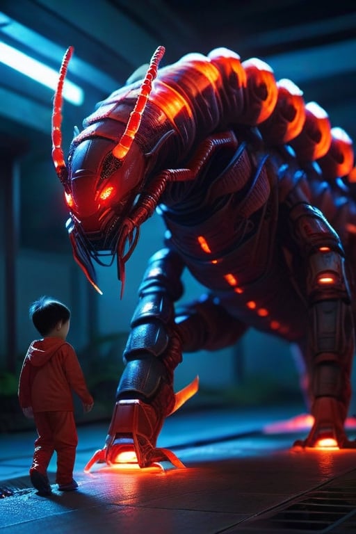 large red armored traditional cybernetic centipede with glowing orange eyes, traditional centipede inspired, a different dimension dessert which is blue in color, chasing a teenaged boy in pajamas, HD Resolution, Hyper Detail, with dramatic lighting, 