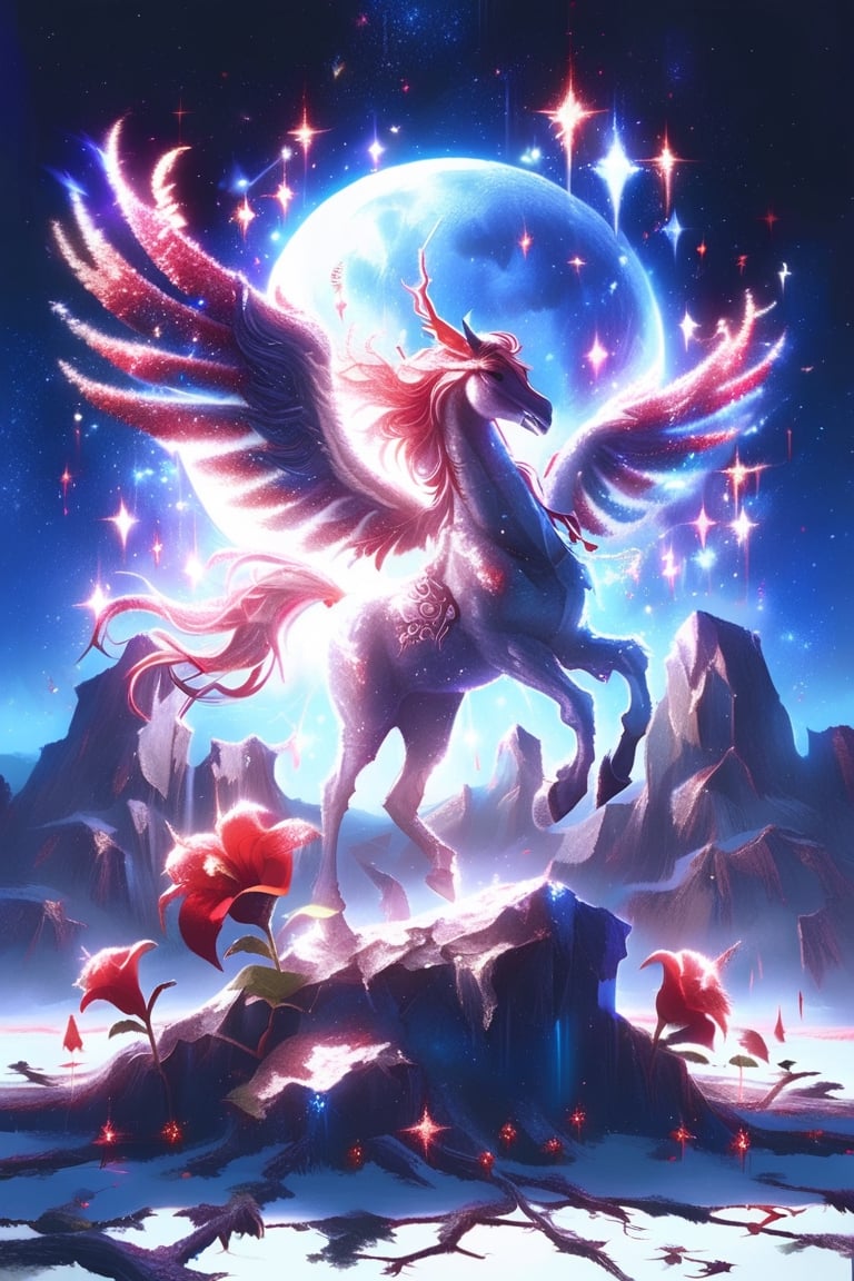 A lone red flower, its petals still dewy with morning mist, bursts forth from the dark, cracked earth. The flower's vibrant color stands out in stark contrast to the barren landscape around it, a symbol of hope and resilience in the face of adversity. In the distance, a majestic pegasus soars through the starry night sky, its wings illuminated by the ethereal glow of the moon. The stars twinkle like diamonds against the velvety expanse of space, adding an air of magic and mystery to the scene.
,glitter,shiny,ULTIMATE LOGO MAKER [XL],scenery,More Reasonable Details