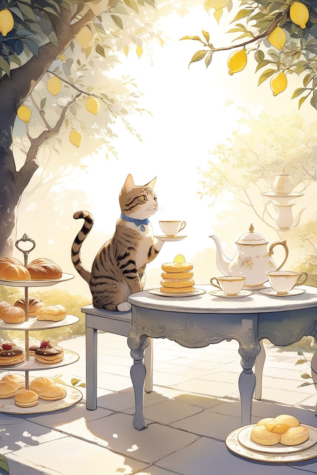 A cute tabby cat sitting upright at a small garden table set with china teacups and plates of pastries, in various seated poses around the table drinking tea and eating the treats, lemon trees surrounding the scene with sunlight dappling through the branches, whimsical wonderland atmosphere, soft dreamy lighting