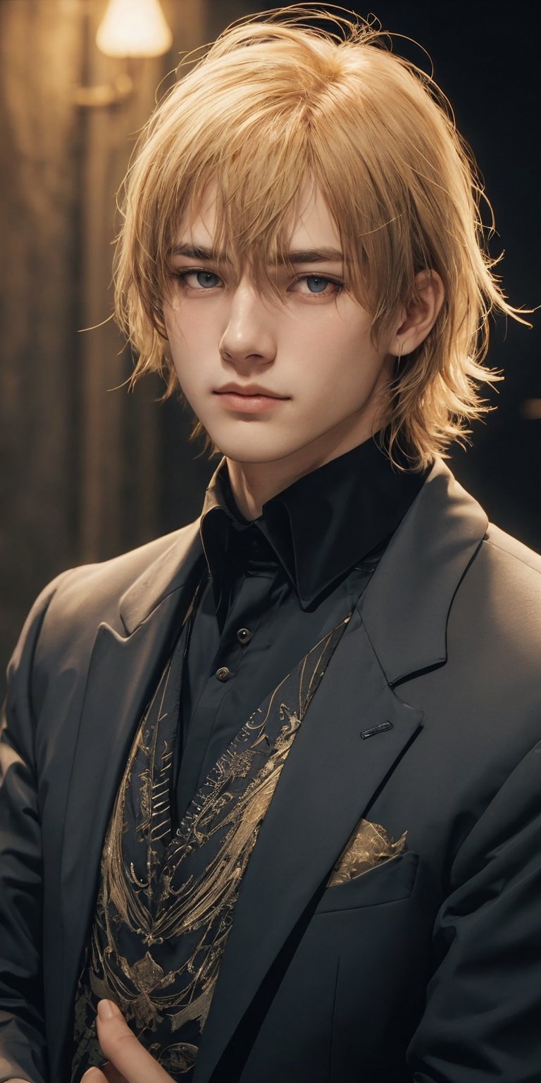 A young man with golden short hair, a teardrop mole under his left eye, wearing a black evening suit, looking at the viewer with a gentle expression, against a blurred background with warm lighting.