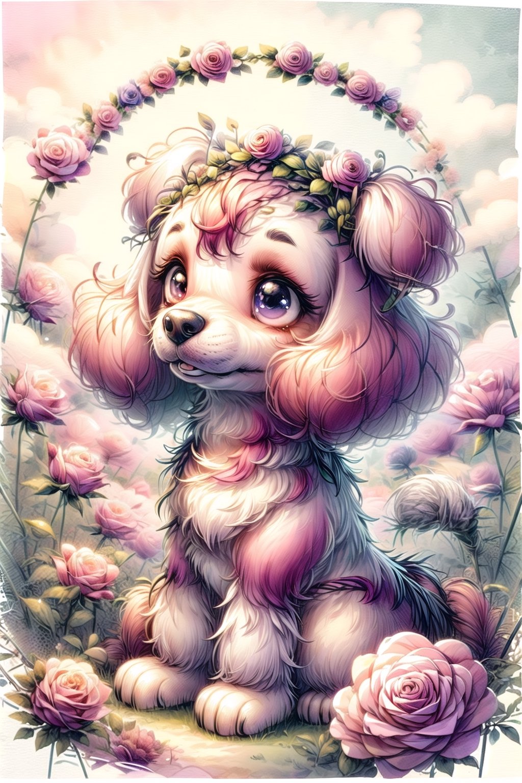 A stuffed toy poodle dog with fluffy curly (white fur:1.2), wearing a (rose flower crown:1.4) on its head, sitting in the middle of a field of (pink flowers:1.5) like peonies and roses, (vibrant colors:1.3), whimsical cute scene, panoramic wide angle view