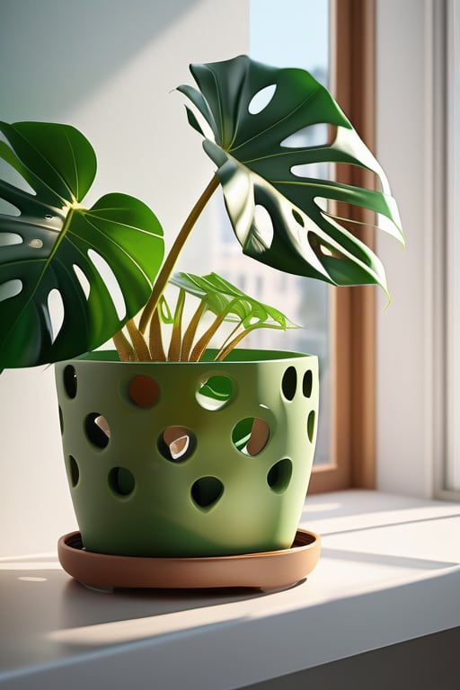 A potted Monstera deliciosa plant with large natural green leaves featuring iconic split leaf holes on a sunny windowsill, natural morning light streaming in, realistic 3D render, depth of field, fresh and vibrant colors