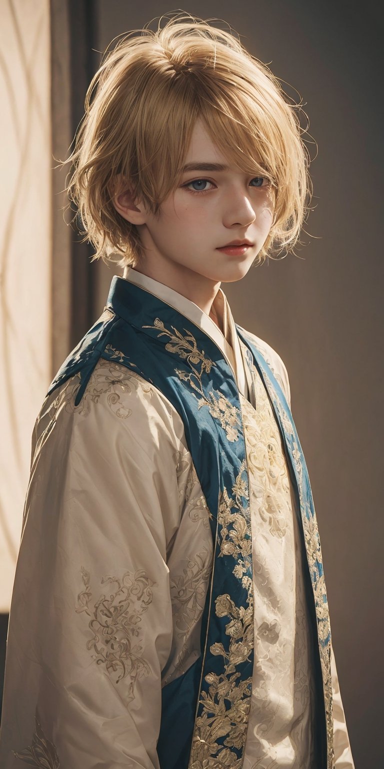 A young boy with golden blonde hair, a teardrop mole under his left eye, wearing a evening suit, looking at the viewer with a gentle expression, intricate patterns and embroidery details on the hanfu, against a blurred background with warm lighting.