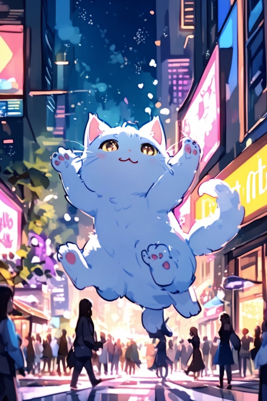 A fluffy white kitten, its fur as white as freshly fallen snow, pirouettes and twirls with unrestrained joy amidst the vibrant streets of a bustling metropolis. The kitten's playful antics bring a touch of whimsy to the otherwise serious cityscape, its graceful movements weaving through the towering skyscrapers and neon lights. In the background, the hustle and bustle of urban life continues unabated, with cars honking, pedestrians hurrying, and the sounds of distant music filling the air.

**Additional details:**

* The kitten is balancing on its hind legs, its front paws outstretched as it spins and leaps with exuberance.
* The kitten's eyes sparkle with mischief and delight, and its tail flicks back and forth in rhythm with its movements.
* The kitten is surrounded by people of all ages and walks of life, who pause to watch its playful dance with smiles on their faces.
* A few stray pigeons flutter around the kitten, intrigued by its unusual behavior.
