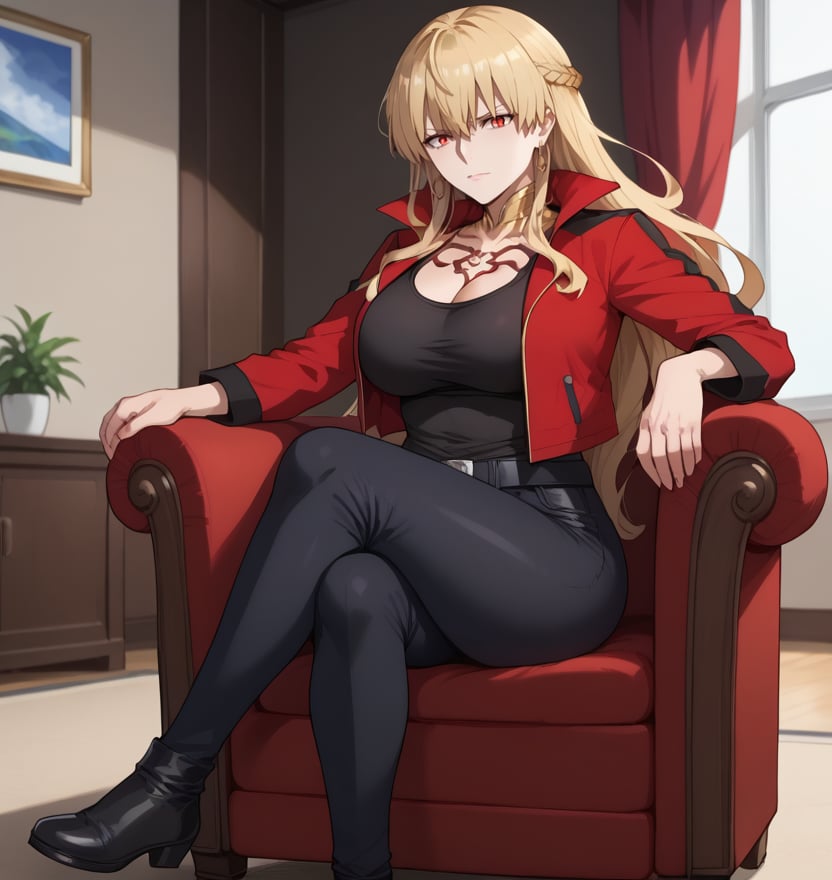 1girl, mature female, tall woman, fate grand order gilgamesh, blonde hair, long hair, red eyes, red body tattoos, open short jacket, genderswap mtf,  black tank top, black pants, sitting, sitting on chair, legs crossed, indoors, 