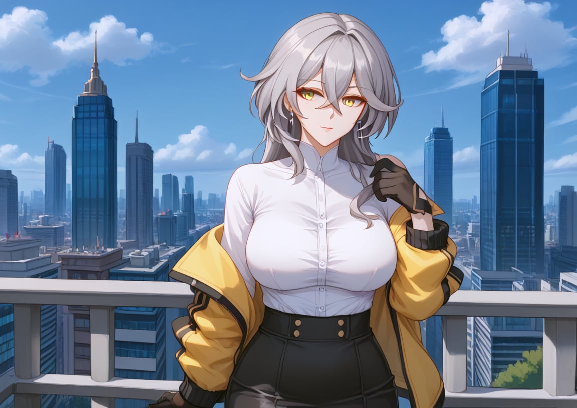 1girl, solo, stelle \(honkai: star rail\), mature female, tall woman, grey hair, hair between eyes, yellow eyes, black open jacket, white shirt, black gloves, gloves, black skirt, skirt,  outdoors, city, day, 