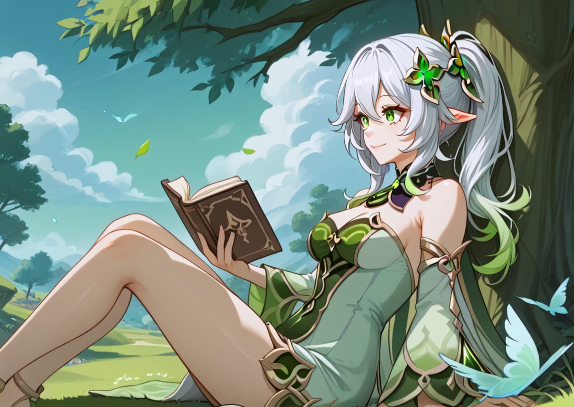 1girl, solo, (Genshin Impact) Nahida, mature female, tall woman, white hair, green eyes, smiling, white and green dress, sitting, sitting on grass, holding book , reading book, sitting behind trees, outdoor, tree's, blue skies, 