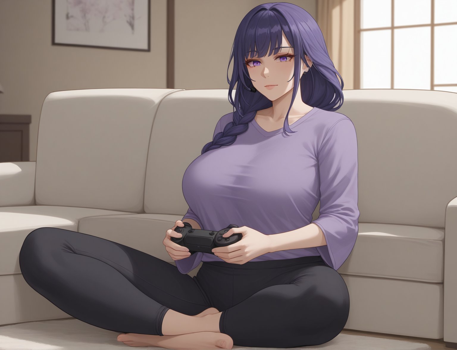 1girl, mature female, genshin_impact, raiden_shogun_(genshin_impact), purple shirt, black short pants,   indoors, house, female_solo, solo, videogame, videos game controller, sitting_down, couch, headset, 